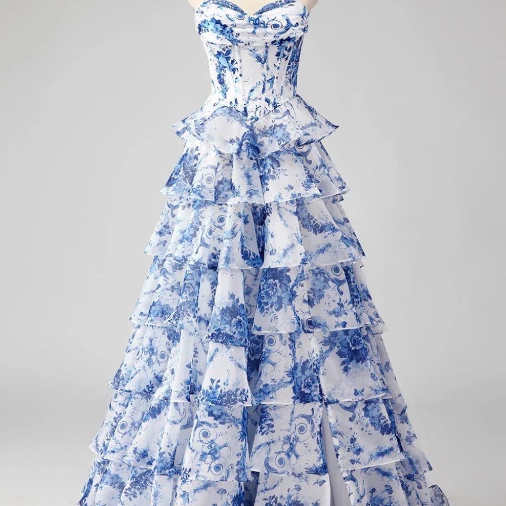 BABYONLINE STRAPLESS CHIFFON A-LINE PROM DRESS BLUE XS